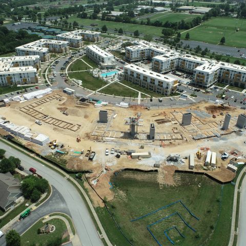 Overhead view of Crystal Flats, a mixed-use retail and multi-family complex.
